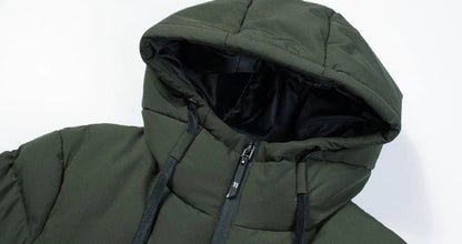 USB-powered heated down jacket in army green, black, and grey colors with various size options