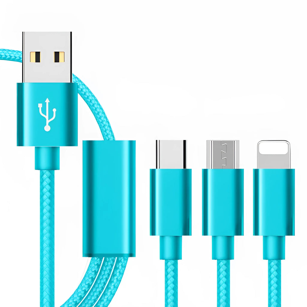 Three-in-one mobile phone charging cable with Micro USB connector in various colour options