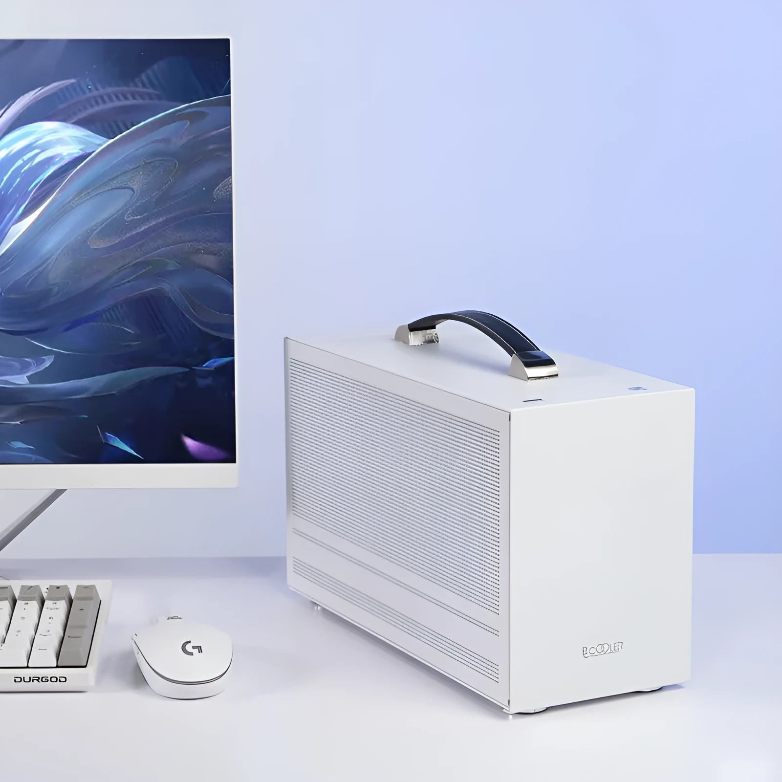 Hummingbird portable ITX desktop computer case in titanium grey or white colour.