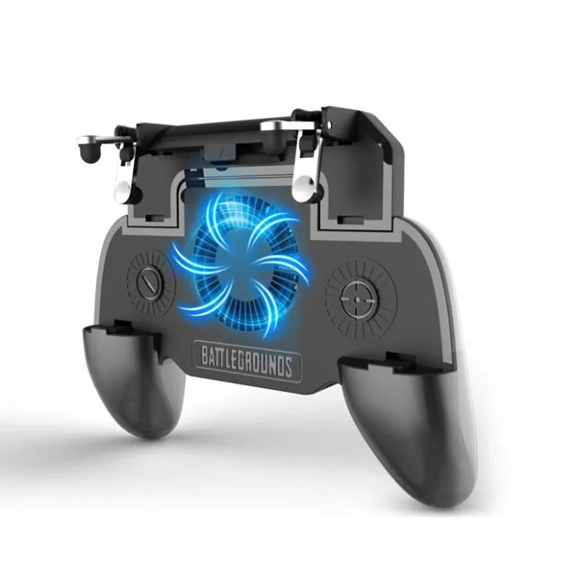 Black USB mobile game controller for smartphones with aluminium alloy frame on a table.