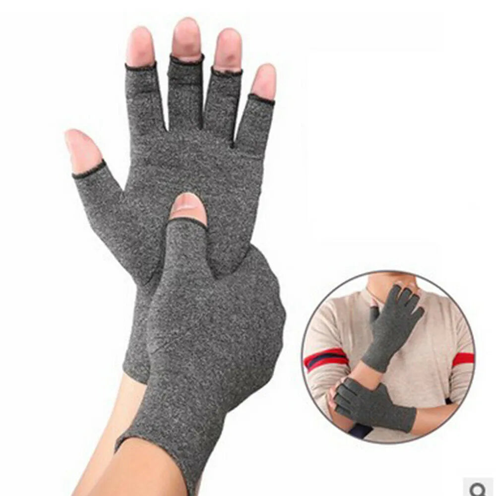 Grey half finger compression gloves with anti-slip palm for arthritis and joint pain relief.