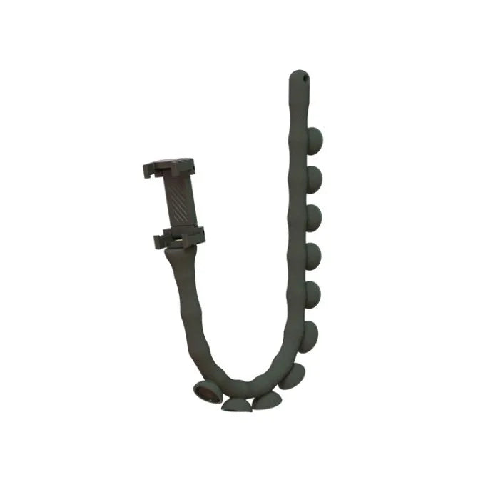Black flexible arm phone holder with suction cup mounted on a desk, showing 360° rotation.