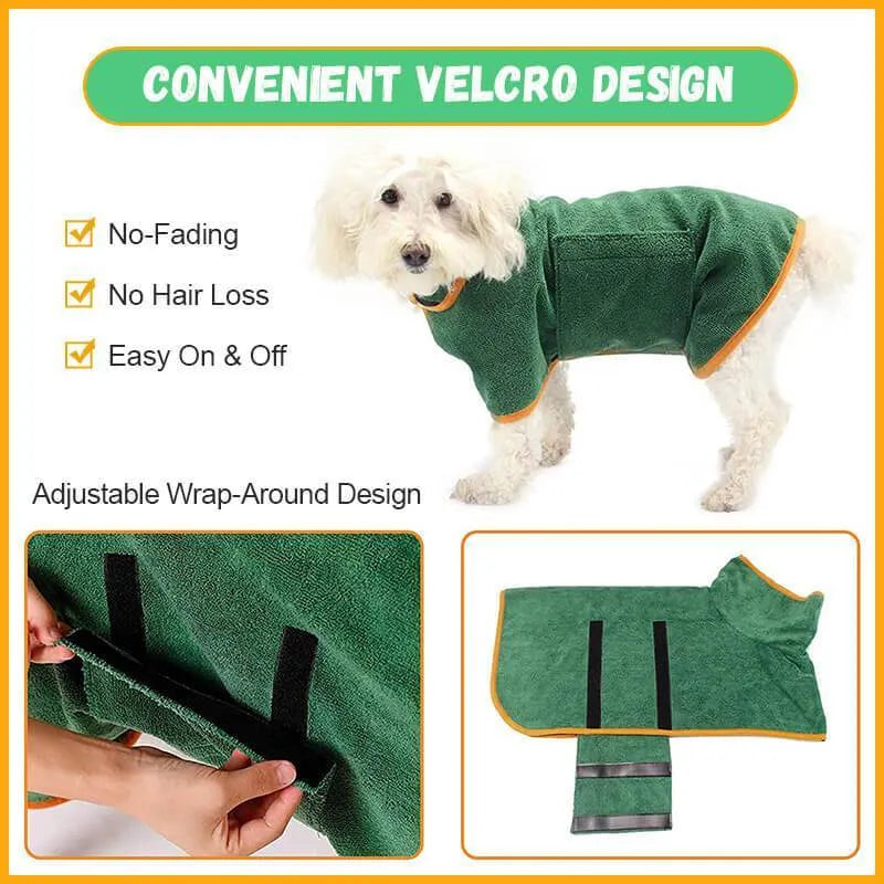 Blue dog bathrobe made of microfiber with adjustable hook and loop strap for drying after bath