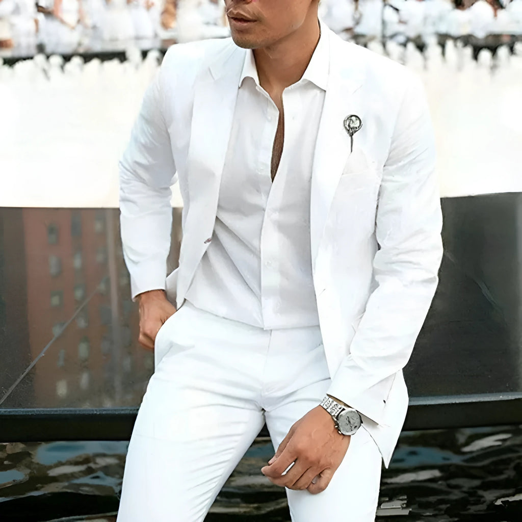 White slim fit men's two-piece wedding suit with cotton acetate blend fabric