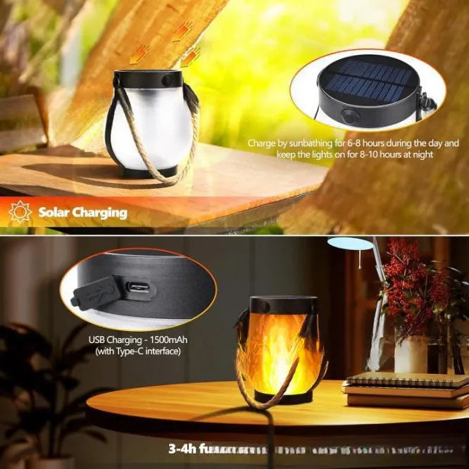 Flickering flame garden lamp with translucent shade in outdoor garden setting