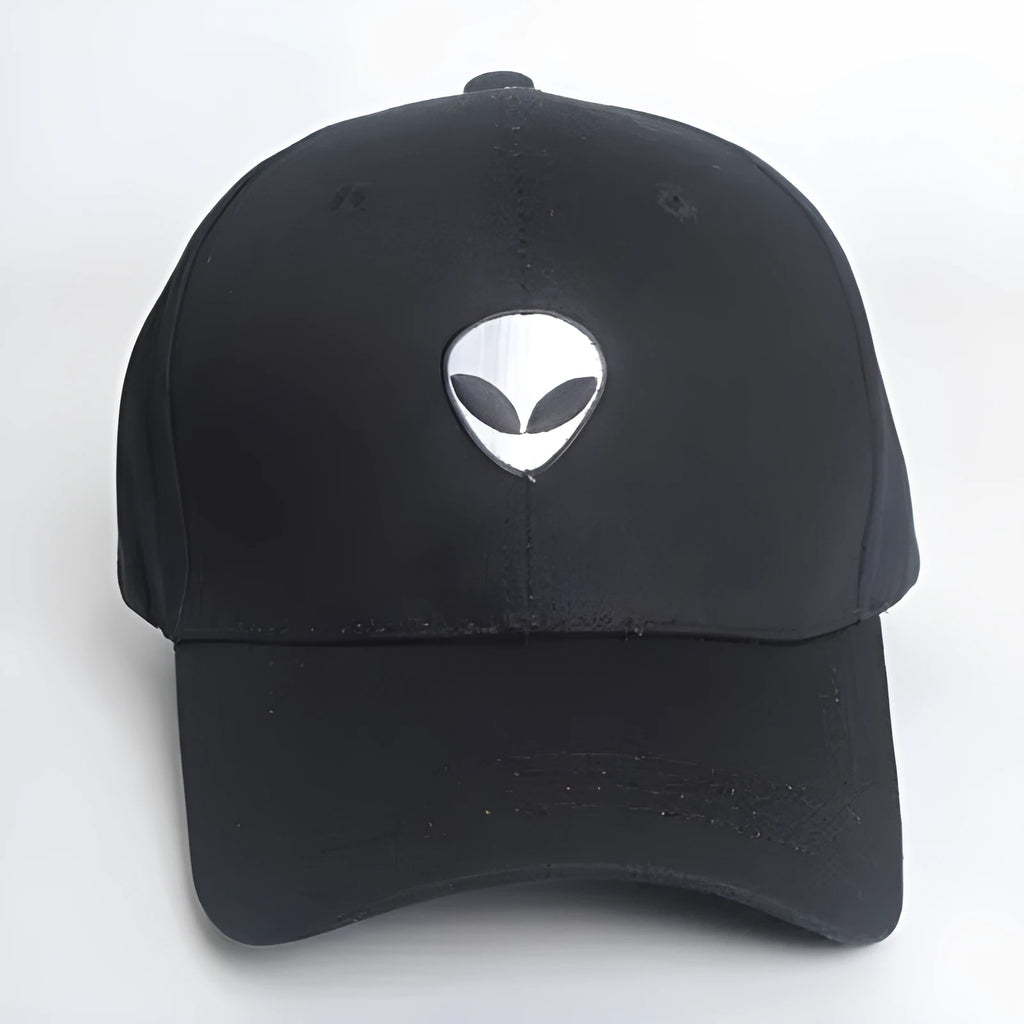 Alien head embroidered baseball cap in black with green label, cotton satin weave, side view