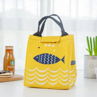 Insulated picnic mini handbag in yellow, light grey, dark grey, and navy blue with cartoon design