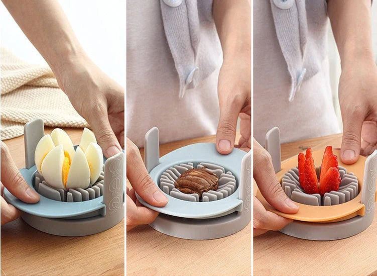 Three-in-one egg cutting gadget in red, blue, and orange colours