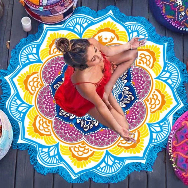 Retro ethnic tassel round bath towel yoga mat with sunshade function