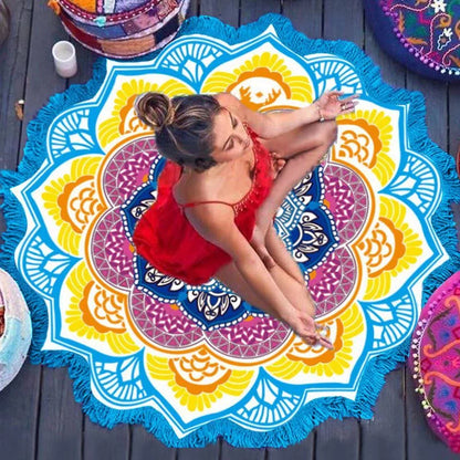 Retro ethnic tassel round bath towel yoga mat with sunshade function