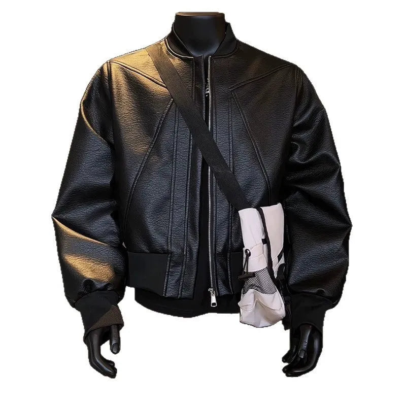 Men's black PU leather jacket with extended length and slim fit design