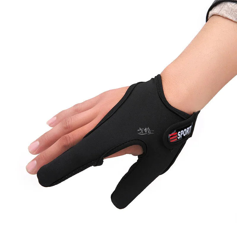 Single two-finger fishing glove showing diving cloth back and microfiber palm with index finger and thumb coverage