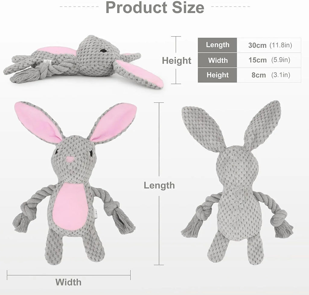 Soft plush dog toy with squeaker, crinkle paper, and cotton rope in elephant, fox, monkey, pig, and rabbit designs