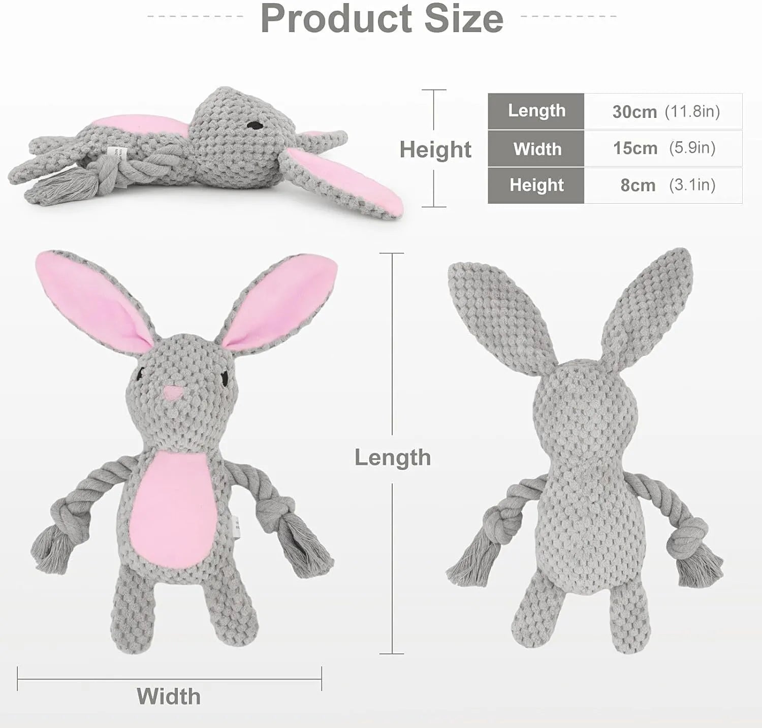 Soft plush dog toy with squeaker, crinkle paper, and cotton rope in elephant, fox, monkey, pig, and rabbit designs
