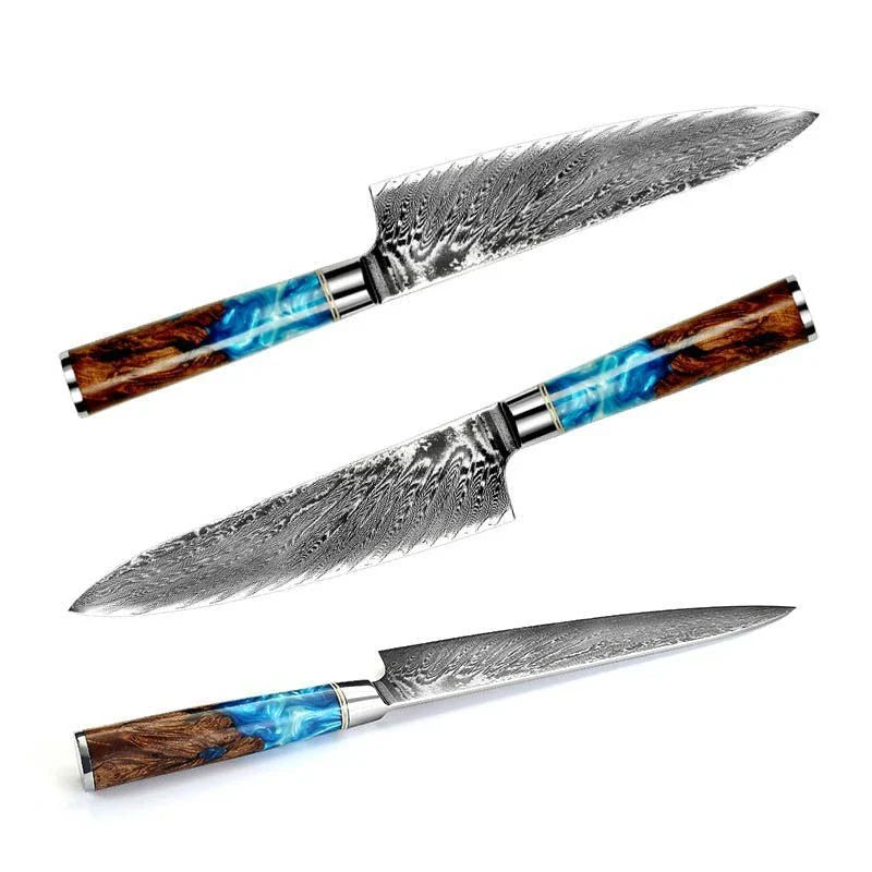 Exquisitely crafted 67-layer Damascus steel chef's knife with elegant brocade pattern and ergonomic resin-wood handle