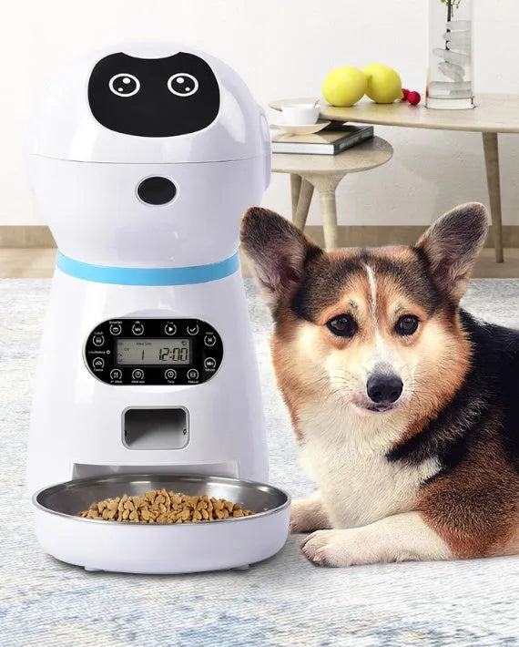 White automatic pet feeder with removable grain barrel and metal food tray, infrared anti-feeding prevention