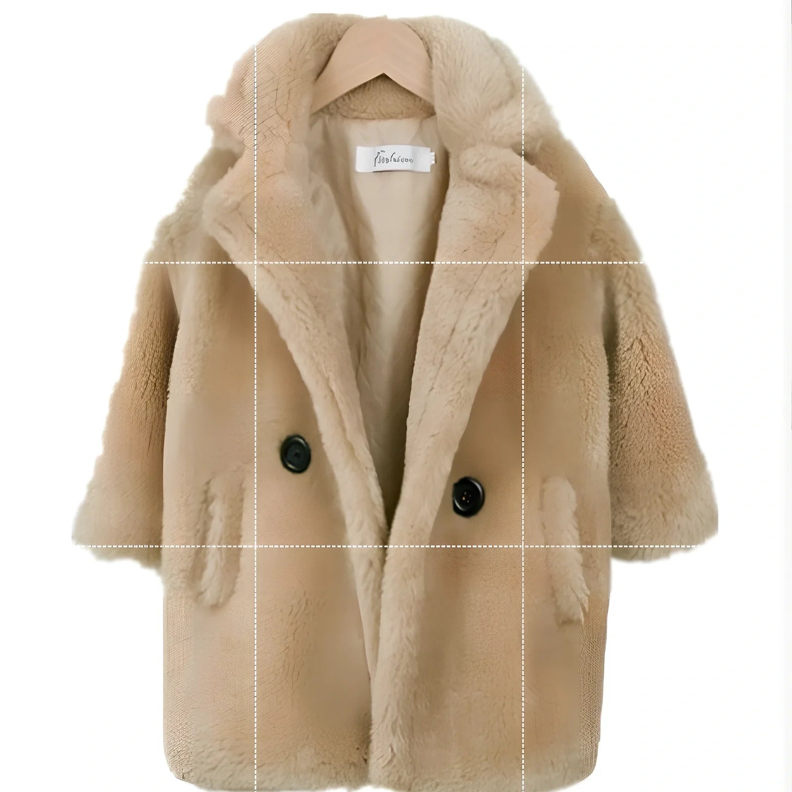 Children's cashmere fur coat in beige colour with suit collar and long sleeves for winter wear