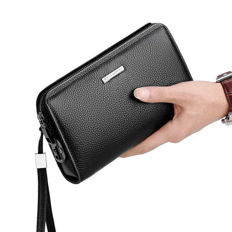 Men's black genuine leather wallet clutch open showing multiple card slots and compartments