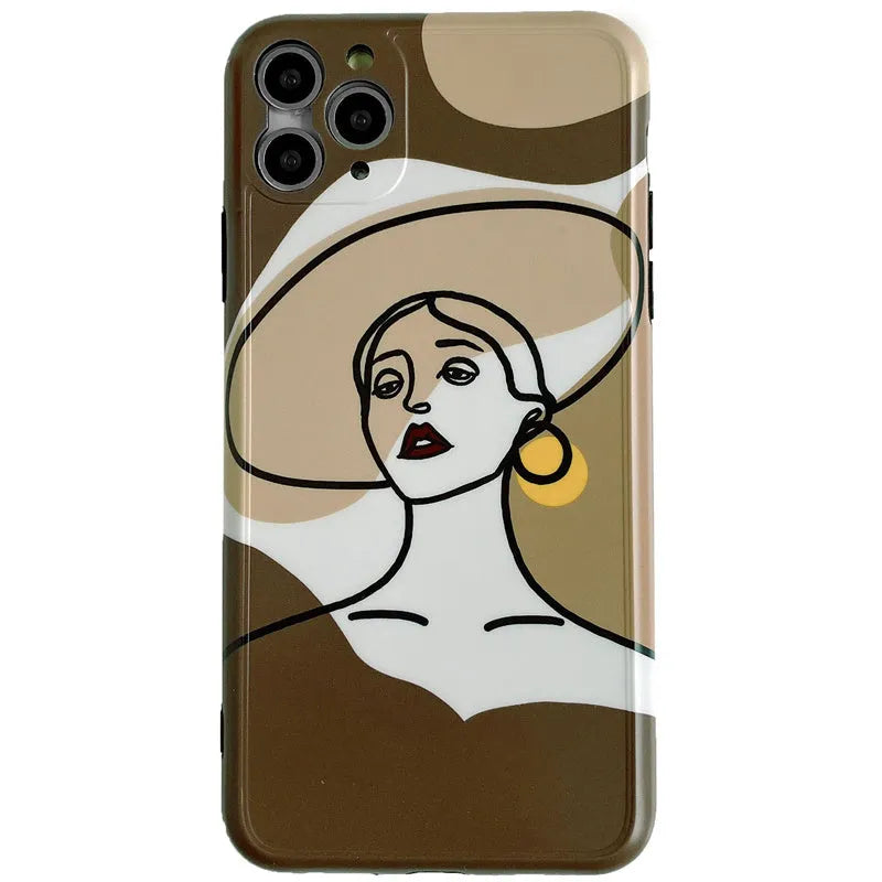 Orange yellow soft silicone iPhone case with a hand-drawn cartoon line painting design.