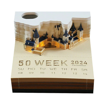 3D dimensional Christmas tree paper carving calendar notepad with various styles, including castle, ferris wheel, piano designs, and panoramic Christmas tree house