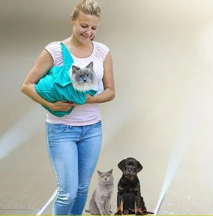 Foldable cotton and hemp pet shoulder bag in blue showing soft interior and adjustable strap