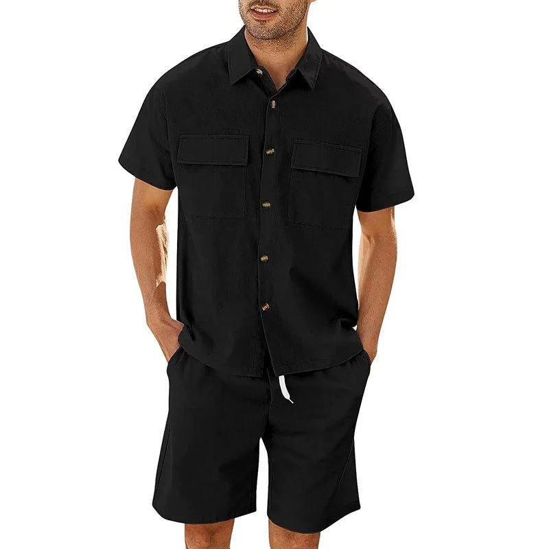 Men's summer suit set with short sleeve lapel shirt and drawstring shorts in linen-cotton blend