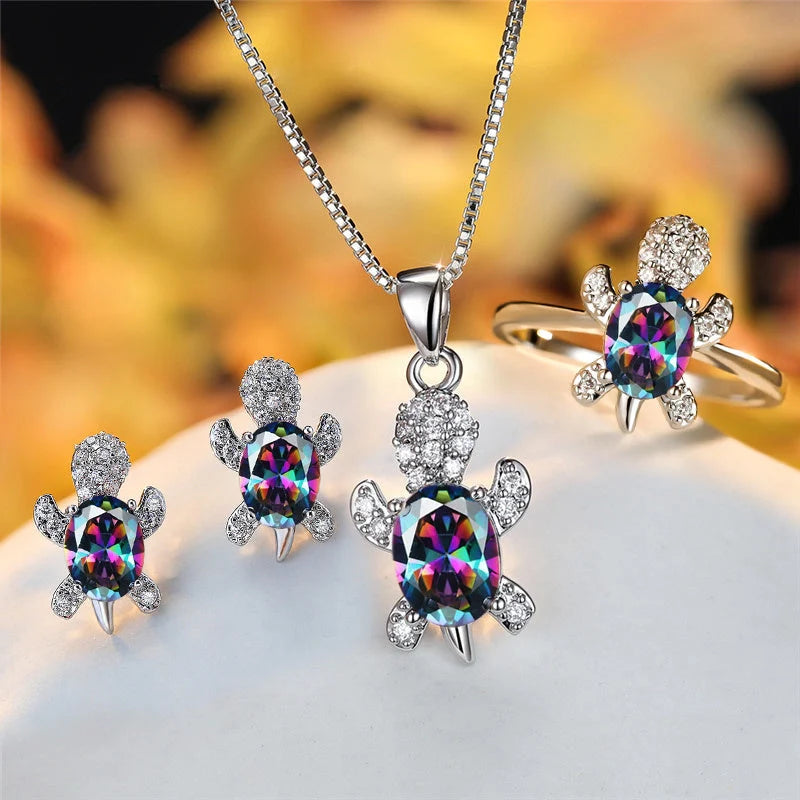 Cartoon Turtle Pendant Rhinestone Necklace with Rainbow Stone for Women and Children