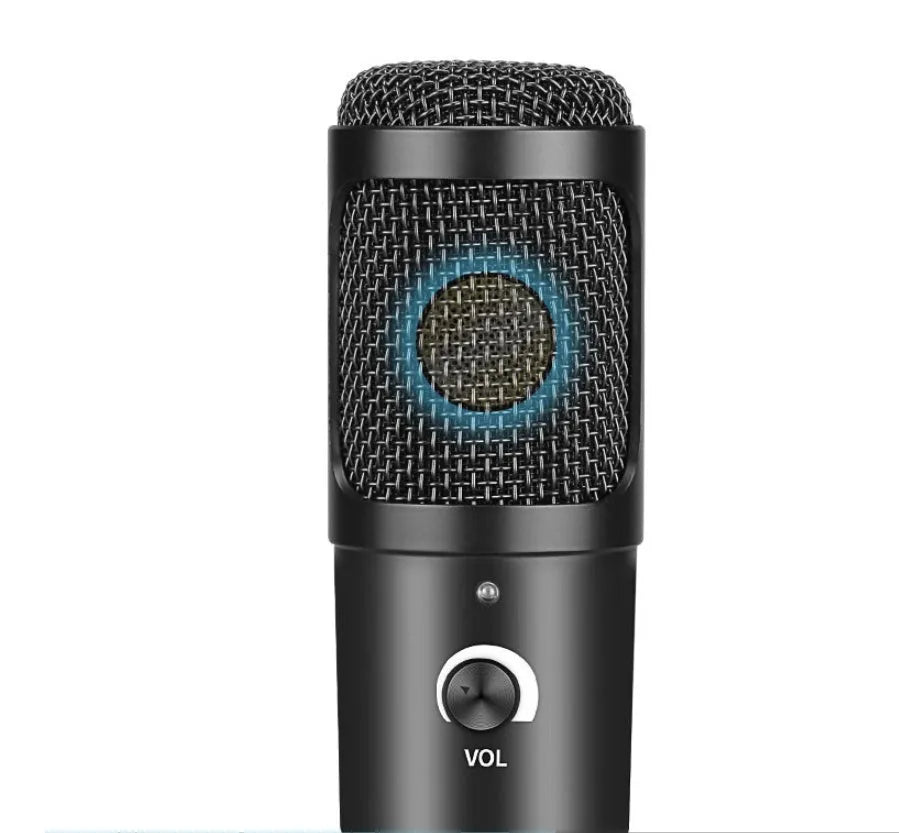 Black USB condenser microphone for laptop and computer recording with knob volume control