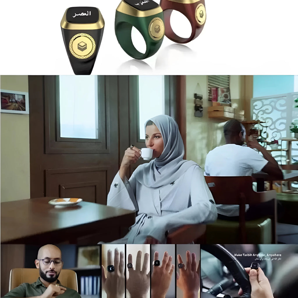 Zikr1 Lite metal smart ring for Islamic prayer with OLED display, shown in silver colour.