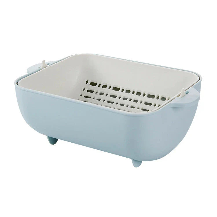 Double-layer square flip drain basket for kitchen dishwashing, blue and gray options available