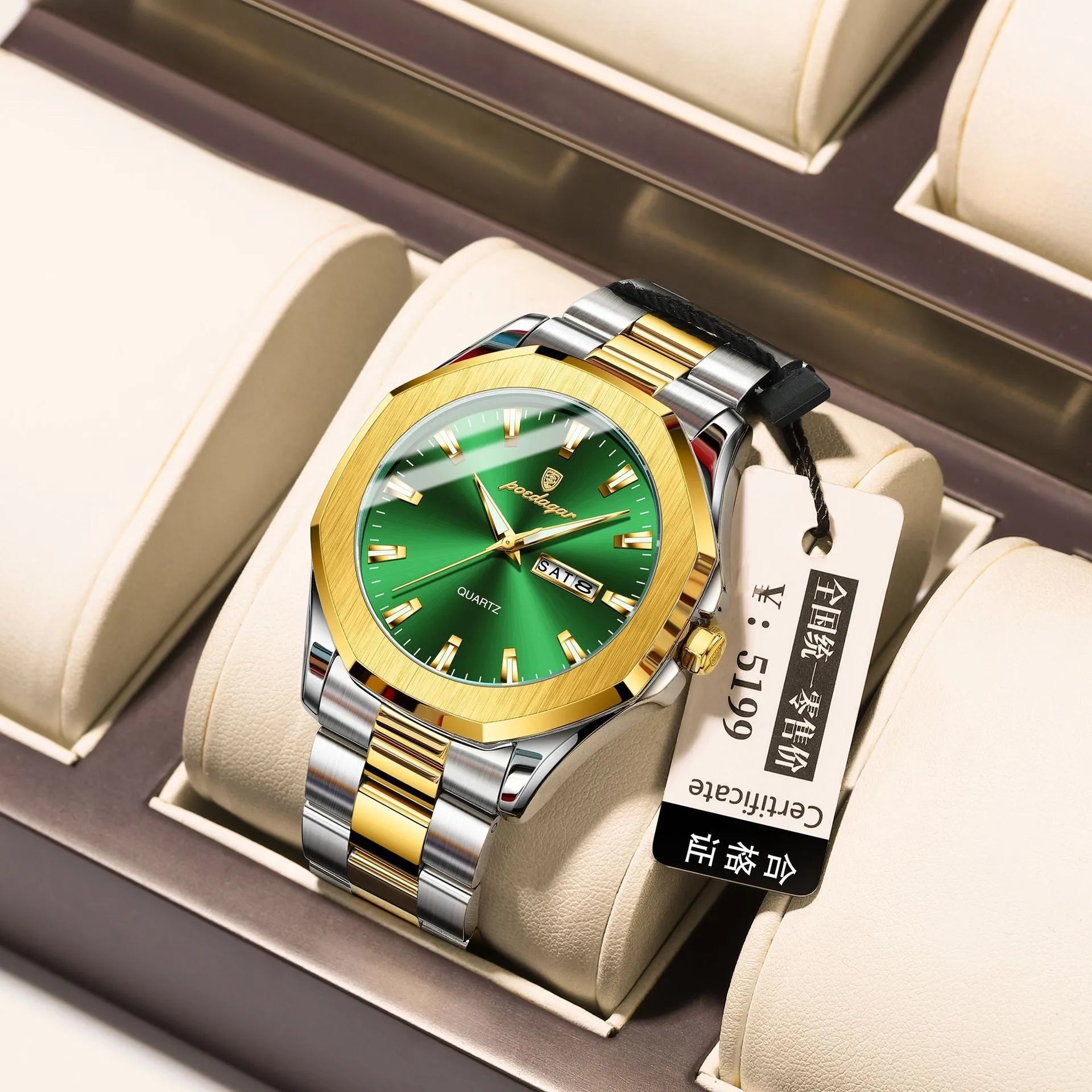 Men's slim stainless steel business quartz watch in gold and silver colour options on wrist.