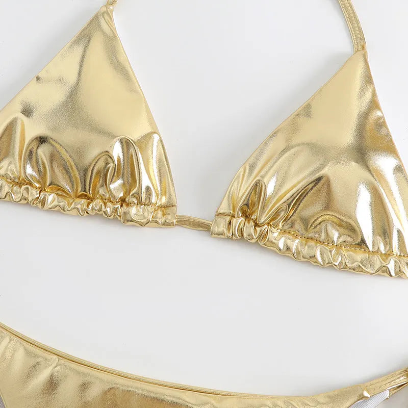 Women's lace-up bikini swimsuit in metallic colour with adjustable design
