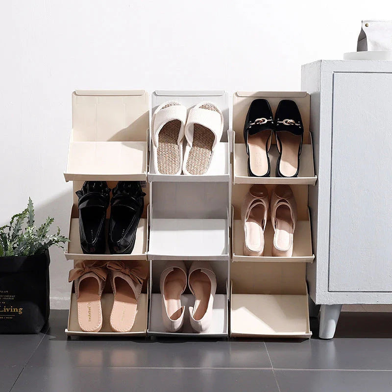 Versatile shoe organizer rack in beige and gray colors, featuring a stackable design to maximize shoe storage space