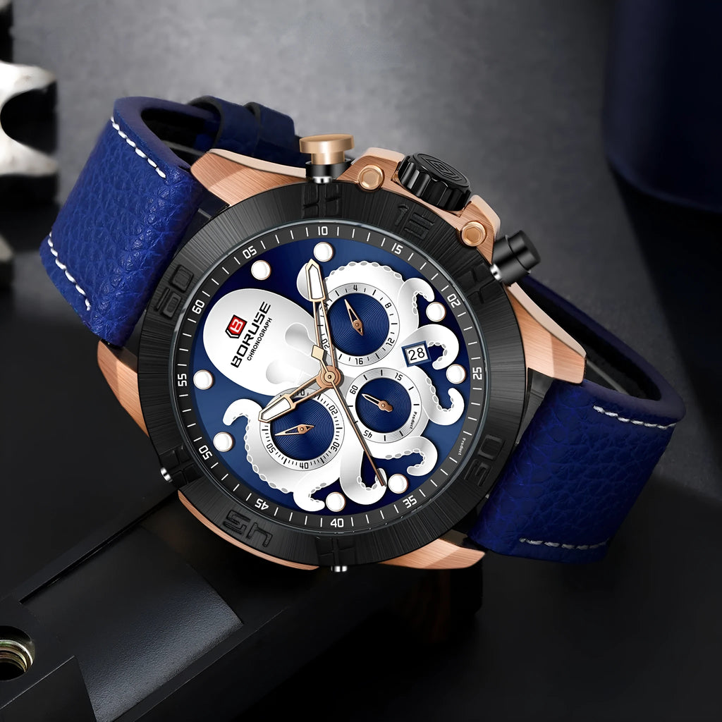 Men's octopus design waterproof watch with luminous quartz movement in blue or black colour options