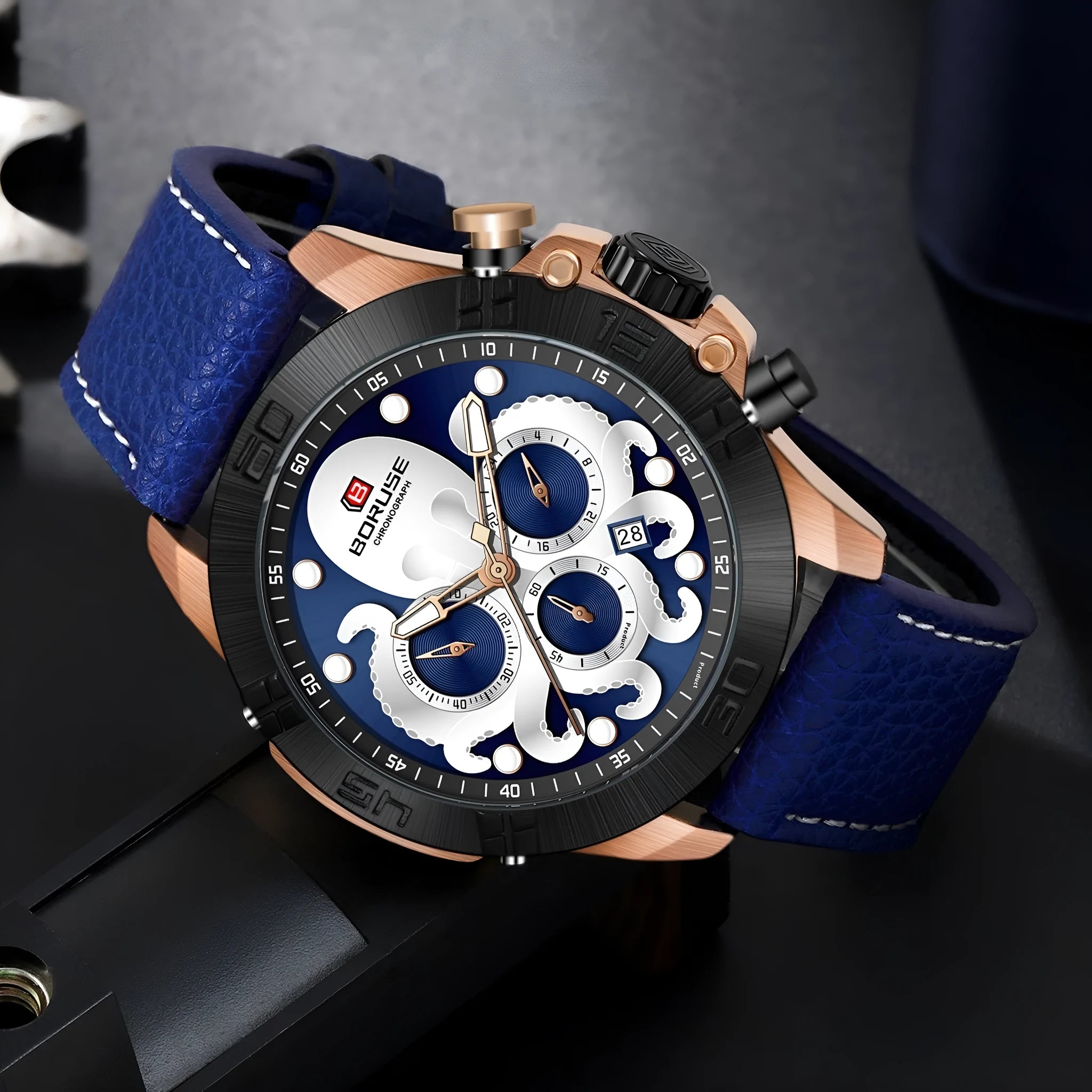 Men's octopus design waterproof watch with luminous quartz movement in blue or black colour options