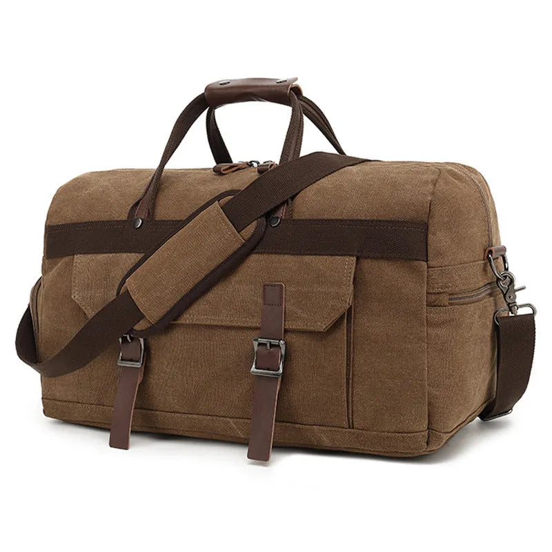 Canvas crossbody travel bag with 36-55L capacity in retro style, shown in black colour option