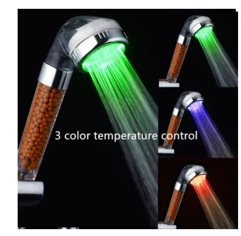 Colour-changing LED shower head with temperature sensor and high-pressure design