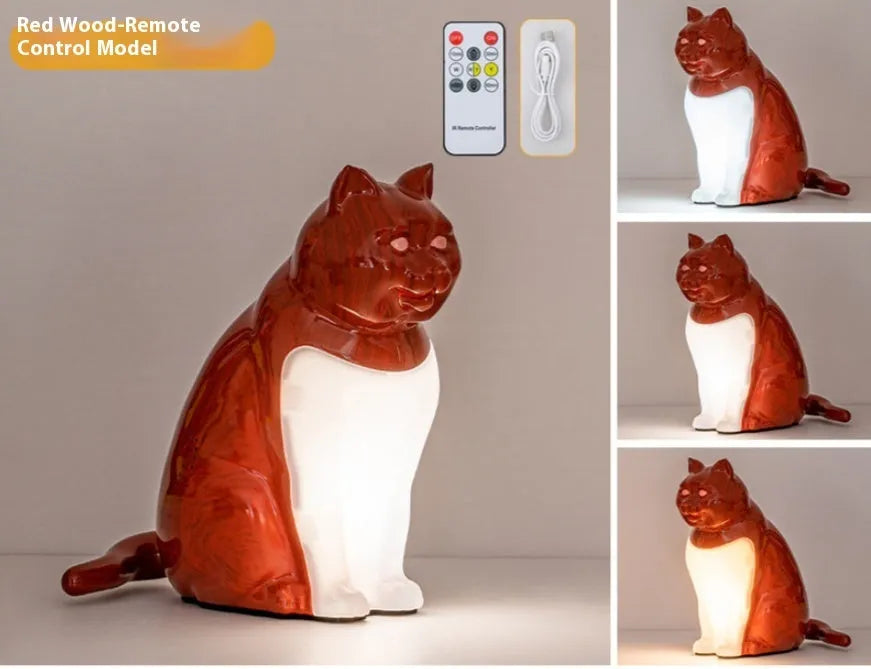 Cat shaped decorative table night light with USB charging in wood grain finish