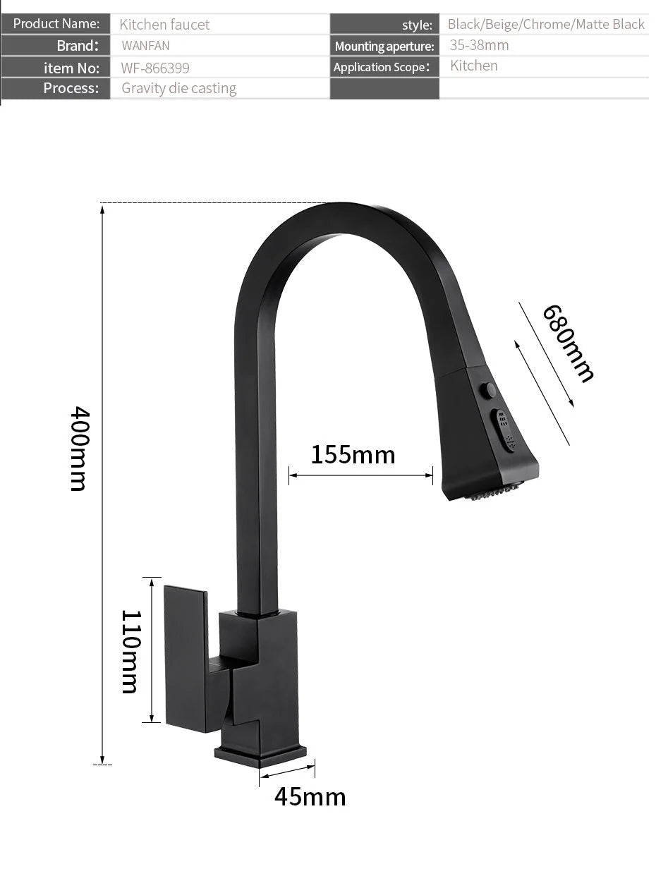 Stretchable sink faucet with double outlet mode in black and oatmeal options