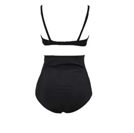 Black solid colour retro high waist bikini swimsuit for women two piece swimwear