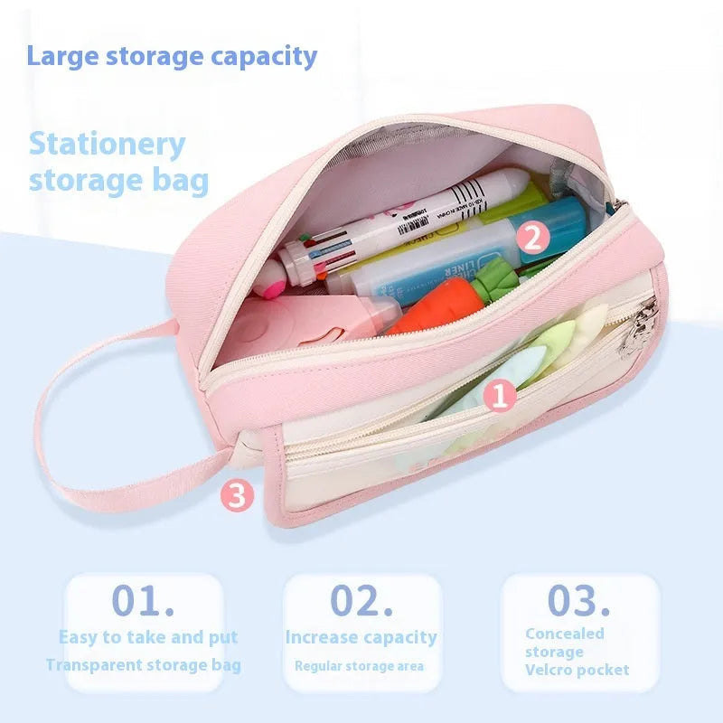 Large capacity Oxford fabric stationery bag in Korean style, pink colour, for students