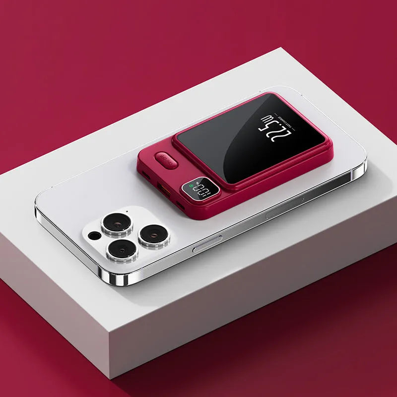 Magnetic wireless power bank with power percentage display in white colour