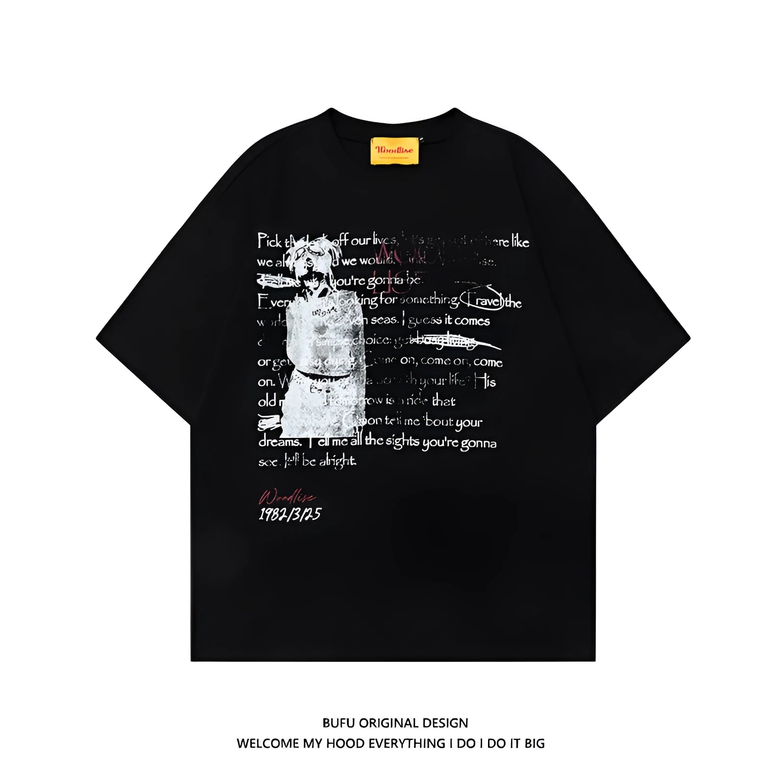 Men's black and white pure cotton T-shirt with printed letters and loose retro high street style
