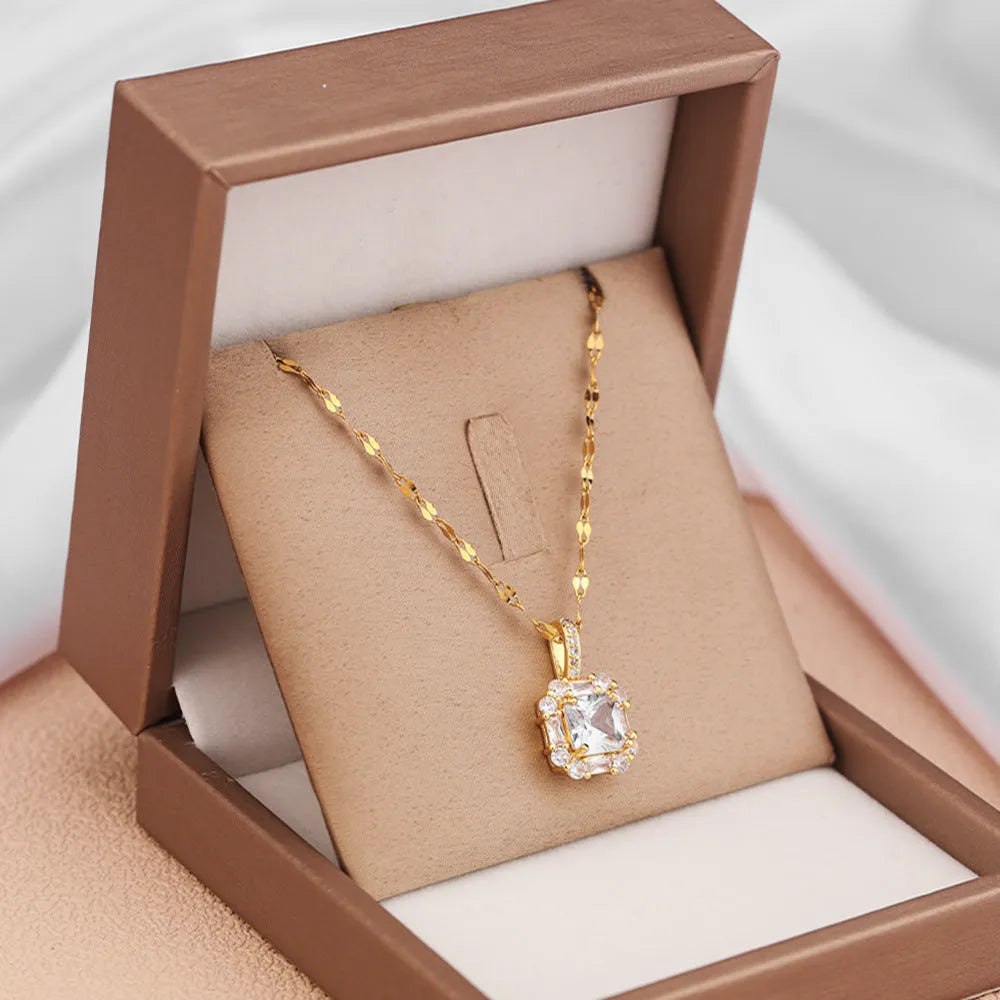 Women's geometric titanium steel clavicle chain necklace with mixed gem inlaid pendant and water wave chain