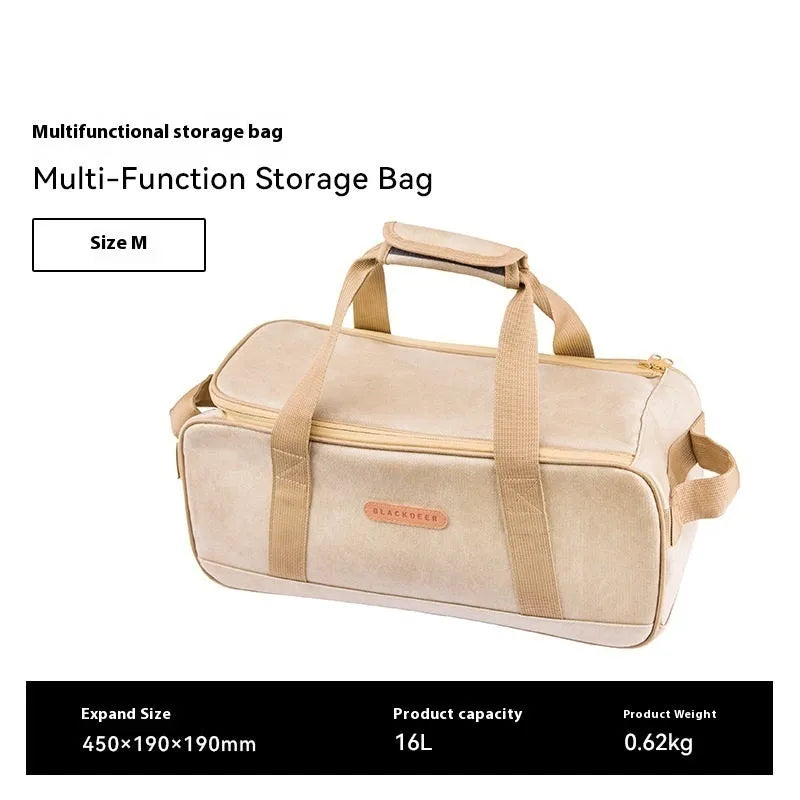 Outdoor camping cookware storage bag with split compartments for stove equipment and gas tank