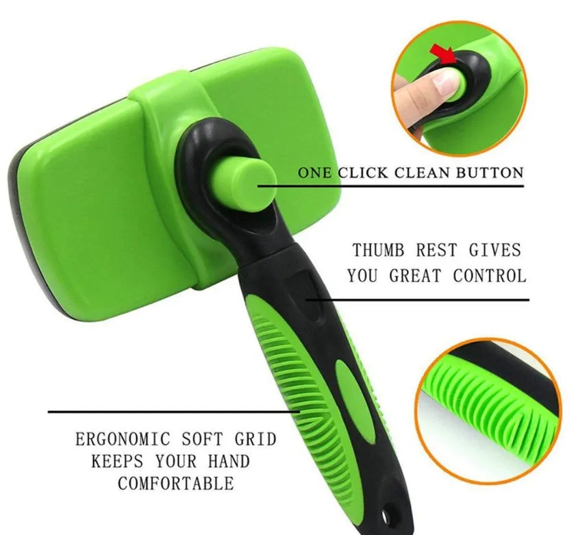 Pet self-cleaning slicker brush with stainless steel needles, green handle, comb surface 12.6 x 7cm, for dogs and cats