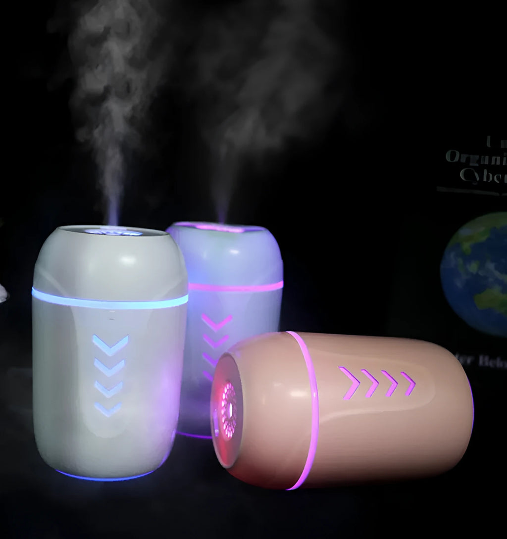 X3 portable car humidifier with column design in blue, pink and white colour options