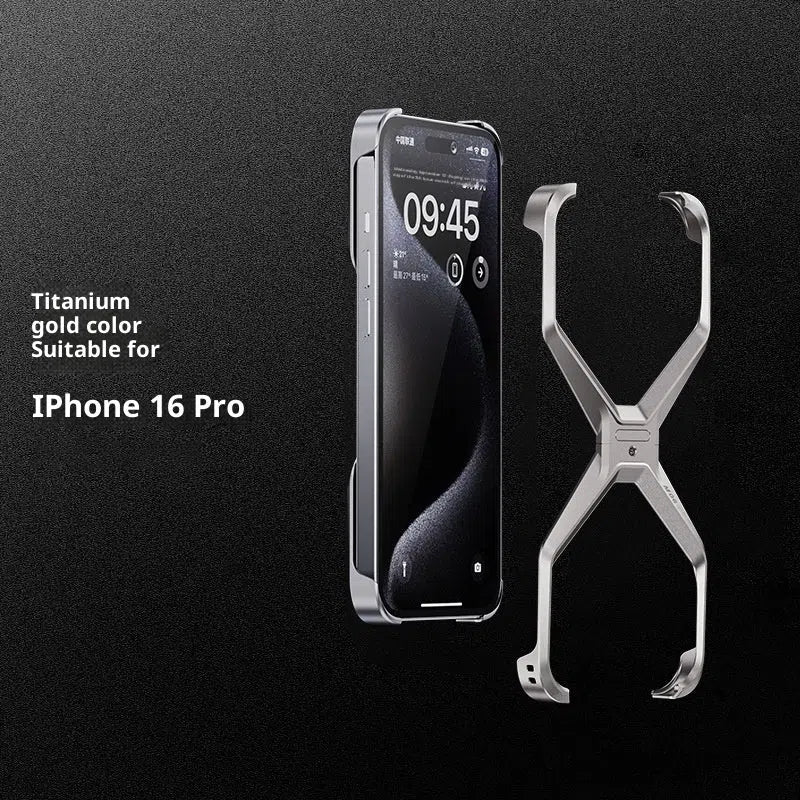 Aluminium alloy hollow frameless phone case in titanium colour for iPhone 16 Pro