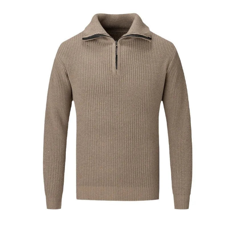 Men's slim fit pullover sweater in black, camel, dark grey, or white and grey colours.