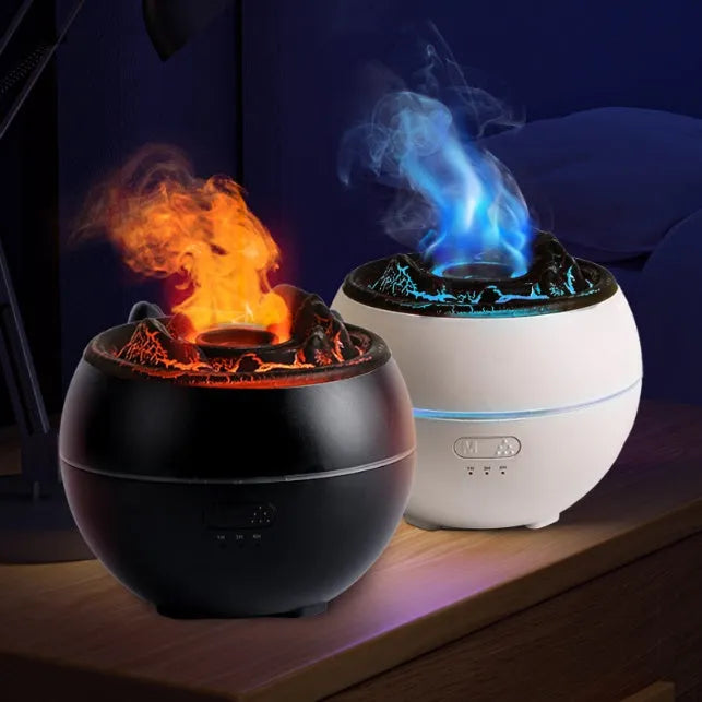 White round flame aroma diffuser and humidifier with water tank on a wooden desk